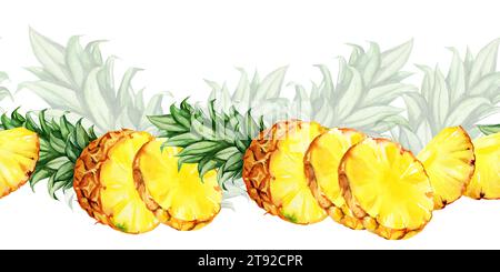 aquarelle frontière sans couture dessinée à la main avec ananas avec moitié, anneaux et tranches d'ananas mûr, feuilles d'ananas, croquis de fruits tropicaux, nourriture illu Banque D'Images