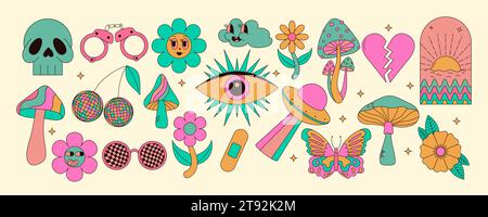 Collection d'éléments groovy vintage. Champignons, soleil, fleur, lèvres, yeux, lunettes de soleil et etc Pack d'autocollants dans le style de bande dessinée rétro tendance des années 70. Vecteur Illustration de Vecteur