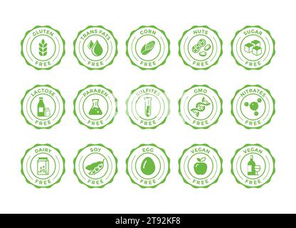 Étiquettes sans allergènes. Badges de produits naturels. Emblèmes sans OGM. Stickers bio. Manger sainement. Végétalien, nourriture bio. Illustration vectorielle. Illustration de Vecteur