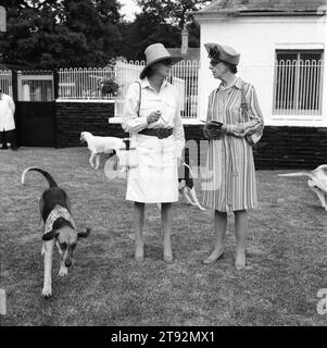 Puppy Show UK. Duke of Beaufort's Hunt, le spectacle de chiots à Badminton House. C'est le point culminant de la saison estivale, où les promeneurs de chiots peuvent fièrement regarder leurs charges faire de leur mieux. Deux dames discutent des mérites des chiots à la fin de la compétition. Badminton, Gloucestershire Angleterre Royaume-Uni années 2002 2000 HOMER SYKES Banque D'Images