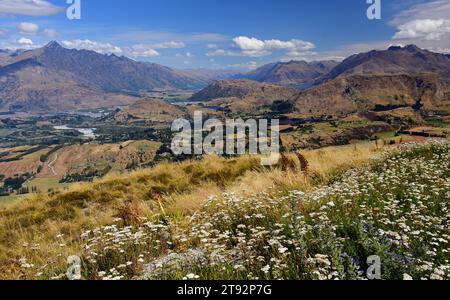 shotover, terrain plat et terrain de dalefield jusqu'au lac hayes, à partir du pic coronet. près de queenstown sur l'île sud de la nouvelle-zélande Banque D'Images