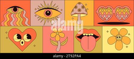 Ensemble d'autocollants hippie groovy avec des champignons trippy, des fleurs, des lèvres, des yeux, des lunettes de soleil et plus encore. Illustrations vectorielles vintage. Illustration de Vecteur