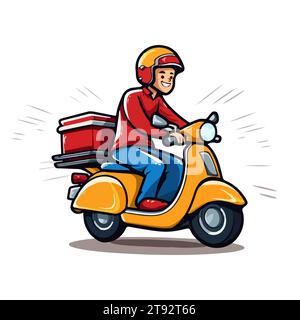 Homme de livraison conduisant scooter jaune, livrer le colis au client. Illustration de dessin animé. Illustration vectorielle isolée sur fond blanc Illustration de Vecteur