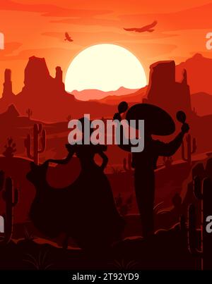 Paysage de coucher de soleil du désert mexicain avec des silhouettes de cow-boy et de femme dansante, fond vectoriel. Paysage désertique du Mexique avec mariachi homme en sombrero avec maracas et femme en robe mexicaine nationale Illustration de Vecteur