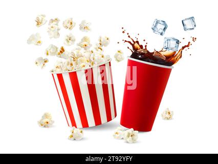 Seau de popcorn de cinéma et tasse de boisson de cola avec éclaboussure, fond vectoriel réaliste. Pop-maïs snack et boisson gazeuse dans une tasse rouge avec des glaçons éclaboussures et pop-corn volant du seau Illustration de Vecteur