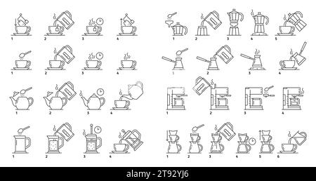 Faites infuser du thé et du café, instructions de préparation et icônes vectorielles de processus d'infusion. Icônes d'instructions de préparation du thé et du café de tasse d'eau chaude ou de théière avec bouilloire et température ou temps de préparation Illustration de Vecteur