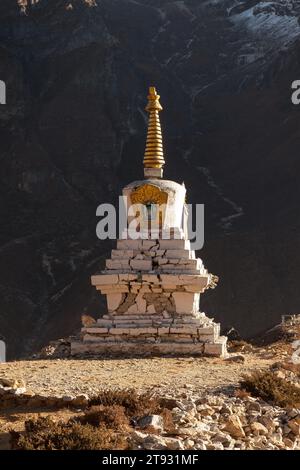 Stupa bouddhiste dans le village de Thame avec mur de montagne rocheux en arrière-plan, parc national de Sagarmatha, Himalaya. Banque D'Images