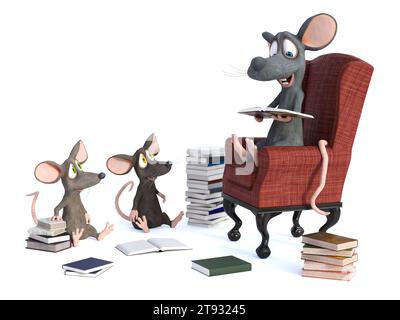 Rendu 3D de souris de dessin animé souriant mignon assis dans un fauteuil confortable, livre de lecture à haute voix pour deux enfants souris. Piles de livres sur le sol. Dos blanc Banque D'Images