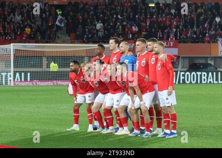 Vienne, Autriche. 22 novembre 2023. VIENNE, Autriche 21 novembre 2023 ; line up AUSTRIA ; 1 Alexander SCHLAGER, 4 Xaver SCHLAGER, 5 Stefan POSCH, 6 Nicolas SEIWALD, 8 David ALABA, 9 Marcel SABITZER, 11 Michael GREGORITSCH, 15 Philipp LIENHART, 16 Philipp MWENE, 19 Christoph BAUMGARTNER, 20 Konrad LAIMER pour le match amical de football entre les équipes nationales d'Autriche et d'Allemagne au stade Ernst-Happel de Vienne, Autriche. 2:0 - - photo et copyright de Arthur THILL/ATP images (THILL Arthur/ATP/SPP) crédit : SPP Sport Press photo. /Alamy Live News Banque D'Images