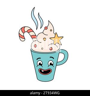 Personnage de boisson de Noël groovy. Personnage de dessin animé groovy rétro dans le style doodle. Mug avec canne à sucre, crème fouettée, boisson chaude. Illustration vectorielle Illustration de Vecteur