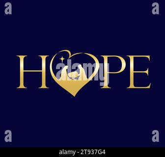 Concept D'ESPOIR avec silhouettes christian Nativité dans le coeur. Un enfant est né, célébrer Noël - modèle de bannière de médias sociaux d'église. Carte vectorielle Illustration de Vecteur