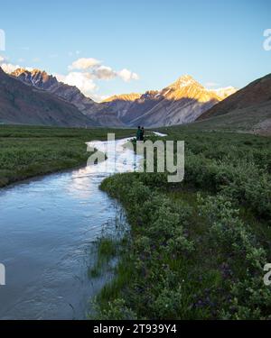 Un ruisseau sinueux coulant à travers les prairies de rangdum ladakh. Banque D'Images