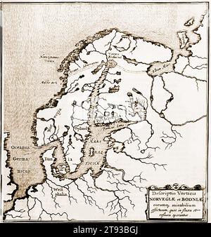 Carte de 1665 de la Norvège et de la région environnante - et kart fra 1665 over Norge og området rundt - vuoden 1665 kartta Norjasta ja ympäröivästä alueesta - en karta från 1665 över Norge och den omgivande regionen - et kort fra 1665 over Norge og det omkringliggende område - Banque D'Images