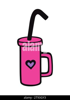 Illustration de dessin vectoriel - tasse rose en plastique avec tube isolé sur fond blanc. Coeur violet Illustration de Vecteur