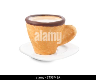 Délicieuse tasse à biscuits avec café isolé sur blanc Banque D'Images