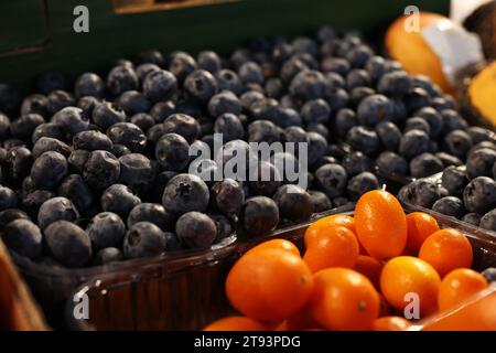 Beaucoup de bleuets frais et kumquats dans des conteneurs au marché, closeup Banque D'Images