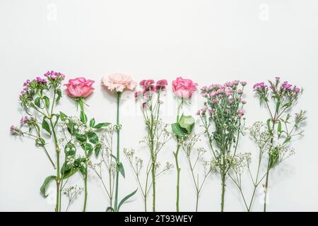 Fond floral avec différentes fleurs avec des pétales roses et violets et des feuilles vertes sur fond blanc. Vue de dessus. Banque D'Images
