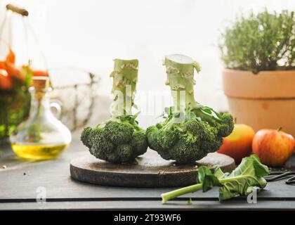 Deux têtes de brocoli entières sur la table de cuisine avec des ingrédients : huile d'olive, herbe en pot sur fond de fenêtre avec lumière naturelle. Préparation de la cuisson avec h Banque D'Images