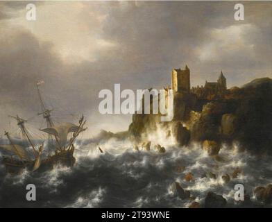 Naufrage dans Stormy Seas, près d'une côte rocheuse - par Jan Abrahamsz. Beerstraten Banque D'Images