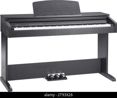 Piano électronique classique noir avec un clavier sur fond blanc Banque D'Images
