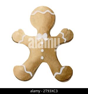 Homme en pain d'épice. Biscuits de Noël traditionnels. Illustration d'aquarelle isolée sur fond blanc pour la conception de vacances d'hiver. Banque D'Images