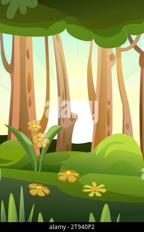 Fleurs dans la forêt d'été. Vue des arbres. Paysage Paysage. Style dessin animé amusant. Vecteur Illustration de Vecteur