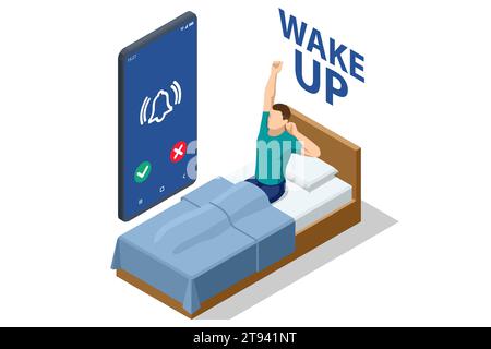 réveil isométrique d'un homme heureux allongé sur le lit. Dormir et se réveiller. Concept de mode de vie sain pour les gens. Illustration de Vecteur