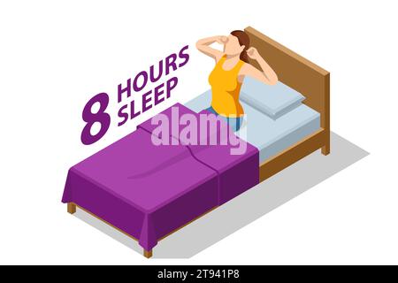 réveil isométrique d'une femme heureuse allongée sur le lit. Dormir et se réveiller. Concept de mode de vie sain pour les gens. Illustration de Vecteur