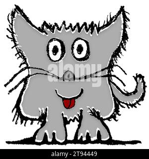 Vue de face portrait gris adorable chat chat chat chat se tenant sur fond blanc dessin de style croquis illustration Banque D'Images