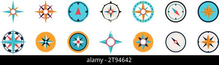 Icônes de boussole définies. Collection d'icônes de boussole. Style plat. Illustration de Vecteur