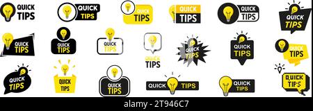 Jeu d'autocollants Quick Tips. Badge Quick Tips avec lampe Illustration de Vecteur