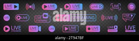 Bouton diffusion en direct. Bouton de diffusion en direct défini. Panneau de diffusion. Illustration de Vecteur