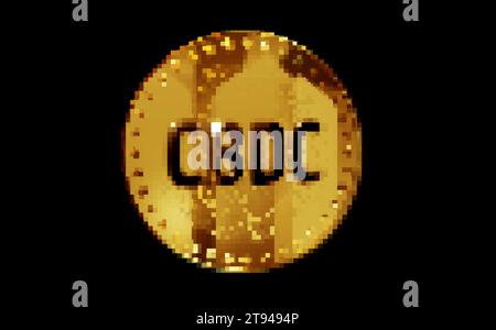 CBDC Digital Currency pièce d'or crypto-monnaie dans le style rétro mosaïque de pixels des années 80. Illustration 3D du concept abstrait en métal doré rotatif. Banque D'Images