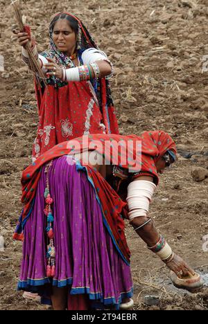 Les femmes Banjara dans leur ancien mode de robe et de bijoux est peut-être le plus coloré et élaboré de tous les groupes tribaux en Inde. Ce sont les nomades typiques qui se demandent d'un endroit à l'autre menant ainsi une vie dans leurs propres termes et conditions. Mandu, Madhya Pradesh, Inde. Banque D'Images