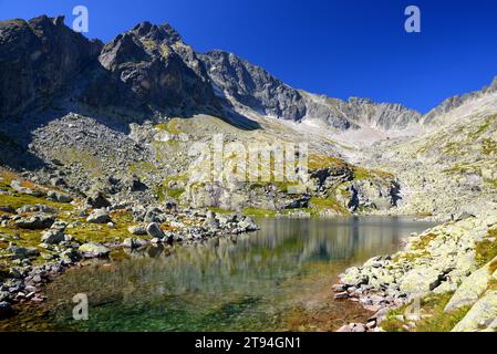 Lac de montagne Velke Spisske pleso avec le mont Ladovy stit à Mala Studena Dolina, Vysoke Tatry (Tatras Mountains), Slovaquie. Banque D'Images