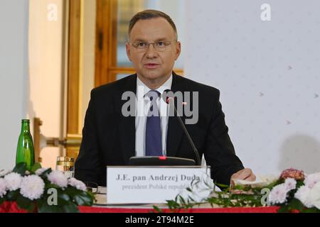 Le président polonais Andrzej Duda vu lors d’une conférence de presse conjointe après le sommet des présidents du groupe Visegrad (V4) au château de Prague. Les présidents de la République tchèque, de la Slovaquie, de la Pologne et de la Hongrie se réunissent lors du sommet du Groupe de Visegrad (V4) organisé par la présidence tchèque actuelle du groupe. Les principaux thèmes abordés au cours du sommet sont les projets d'infrastructures communes et le renforcement des contacts entre les pays membres. Le groupe Visegrad (V4) a été créé en 1991 et se compose de 4 pays d'Europe centrale : la république tchèque, la Slovaquie, la Hongrie et la Pologne. Banque D'Images