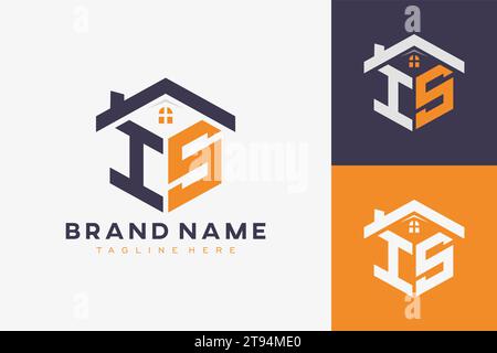 Hexagone EST le logo de monogramme de maison pour l'immobilier, la propriété, l'identité d'entreprise de construction. initiral de maison en forme de boîte avec des icônes de favori vectoriel templ Illustration de Vecteur