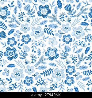 Motif sans couture d'entrelacement de fleurs et branches bleues stylisées de doodle sur fond blanc Illustration de Vecteur