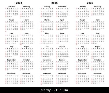 Calendriers verticaux Vector 2024, 2025, 2026. Illustration moderne. Planifiez votre année avec le style calendrier Illustration de Vecteur