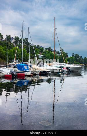 Embarcation amarrée le long des rives de la péninsule de Bygdøy, située sur le Inner Oslofjord dans la ville d'Oslo, en Norvège, pendant une journée nuageuse. Banque D'Images