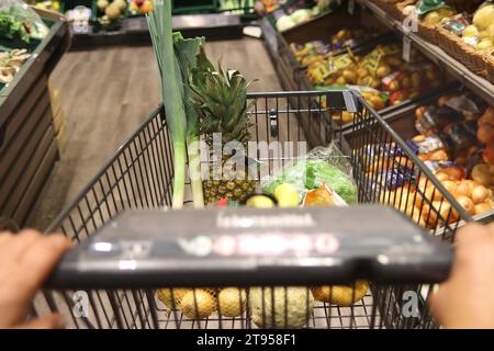 femme avec chariot dans un supermaket, fruits et légumes Banque D'Images