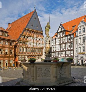 Place du marché historique avec Rolandbrunnen, Baeckeramtshaus et Knochenhaueramtshaus, Allemagne, Basse-Saxe, Hildesheim Banque D'Images