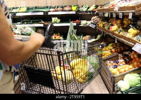 femme avec chariot dans un supermaket, fruits et légumes Banque D'Images