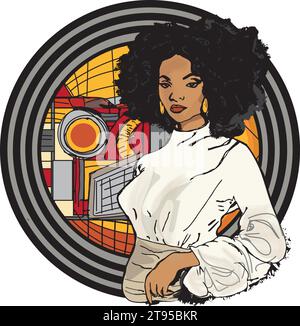 Fond vectoriel rond de style art déco d'une femme noire aux cheveux naturels portant un chemisier blanc avec jupe bronzée, bordure de cercle noir Illustration de Vecteur