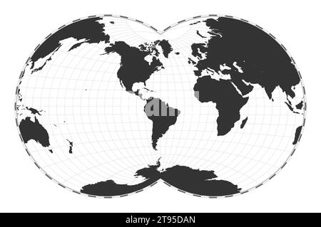 Carte du monde vectorielle. Projection de Van der Grinten IV. Carte géographique du monde simple avec les lignes de latitude et de longitude. Centré sur 60 degrés E de longitude. Illustration de Vecteur