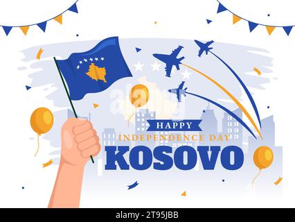 Illustration vectorielle du jour de l'indépendance du Kosovo le 17 février avec le drapeau agitant dans Happy Republic Celebration Holiday sur fond plat de dessin animé Illustration de Vecteur