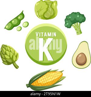 Apprenez-en plus sur les aliments riches en vitamine K dans une illustration amusante de dessin animé Illustration de Vecteur