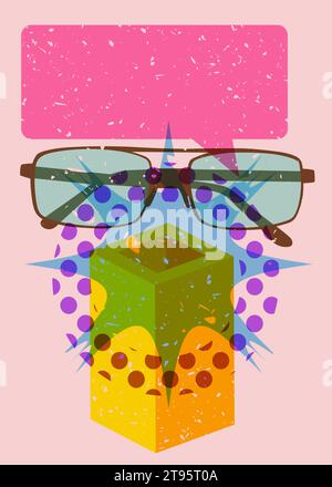 Lunettes risographiques et bulle de parole aux formes géométriques. Objet de lunettes dans la conception graphique riso tendance avec des éléments géométriques. Illustration de Vecteur