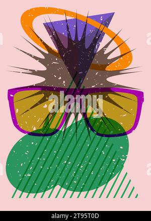 Lunettes risographiques et bulle de parole aux formes géométriques. Objet de lunettes dans la conception graphique riso tendance avec des éléments géométriques. Illustration de Vecteur