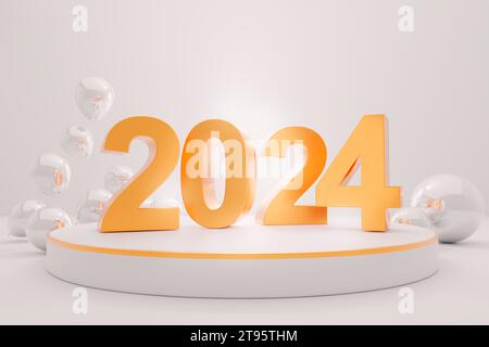 2024 nouvel an sur Podium Affichage de produit avec décoration de courbe dorée et ballon métallique. Rendu 3D. Banque D'Images